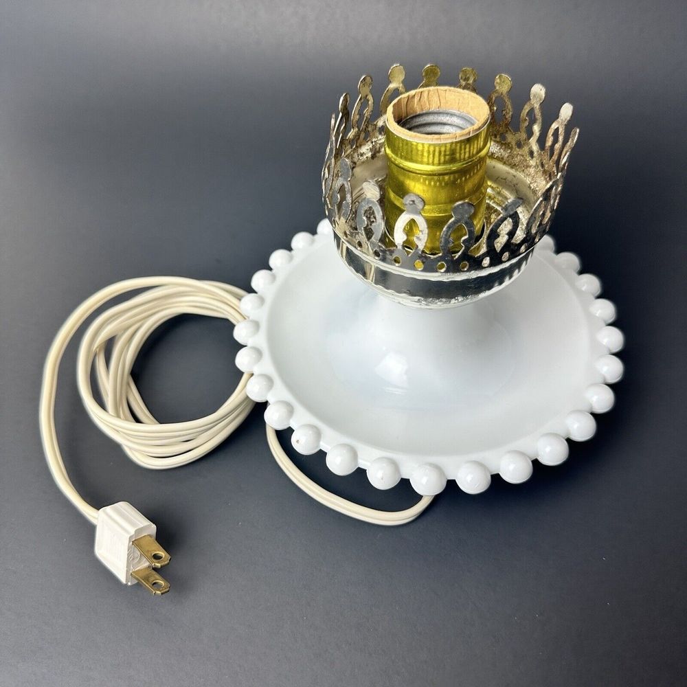 Vintage Milk Glass Table Lamp Ring Base Works Classic Elegant Boho Patina Metal